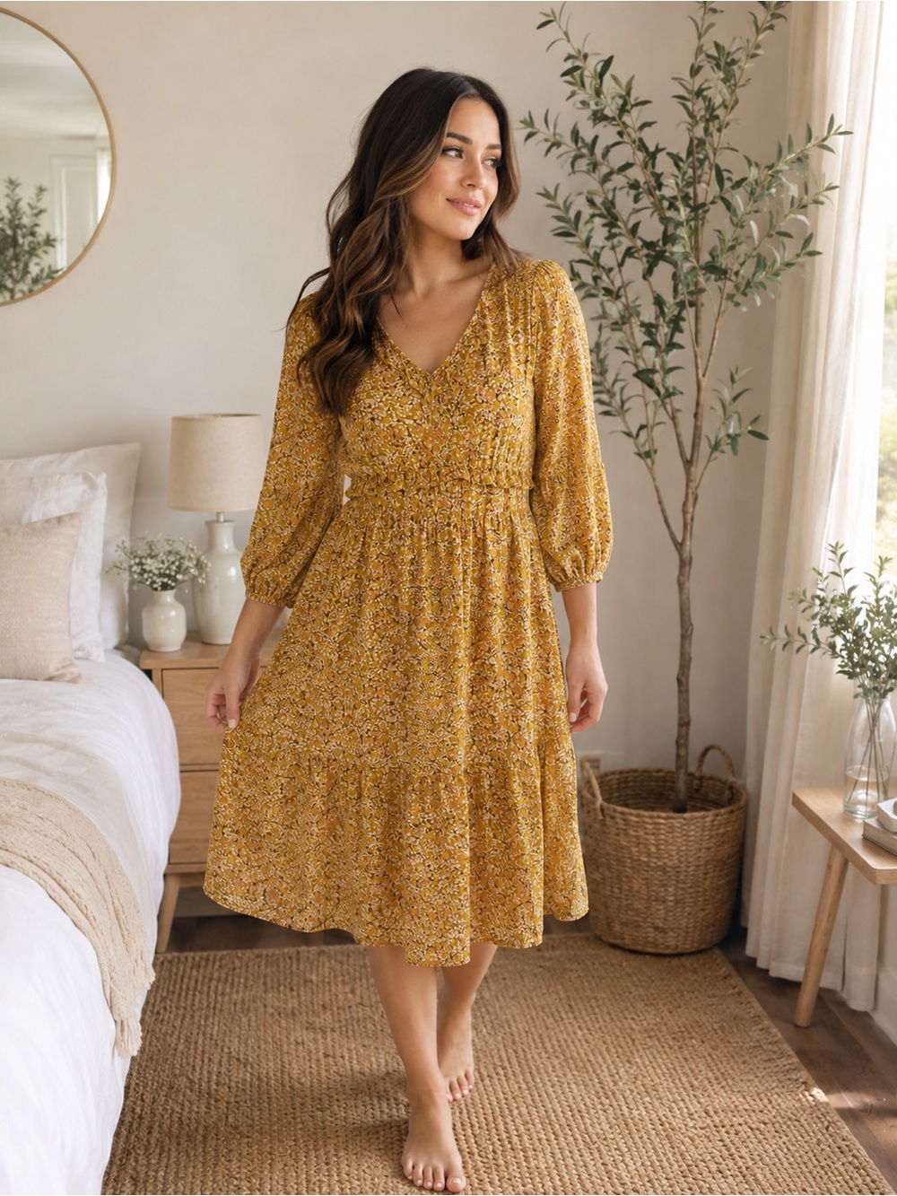 Polagram Mustard Floral V-Neck Midi Dress